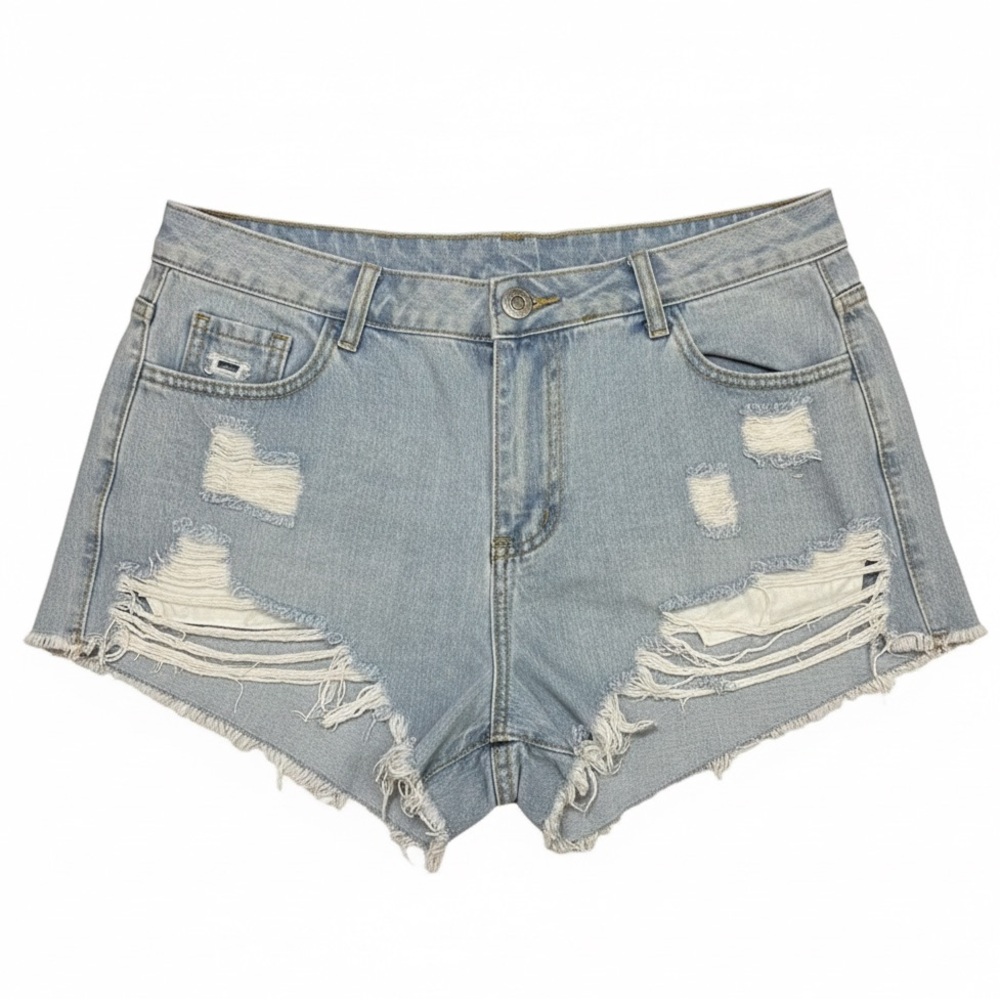 Blue Distressed Jean Shorts with Raw Hem